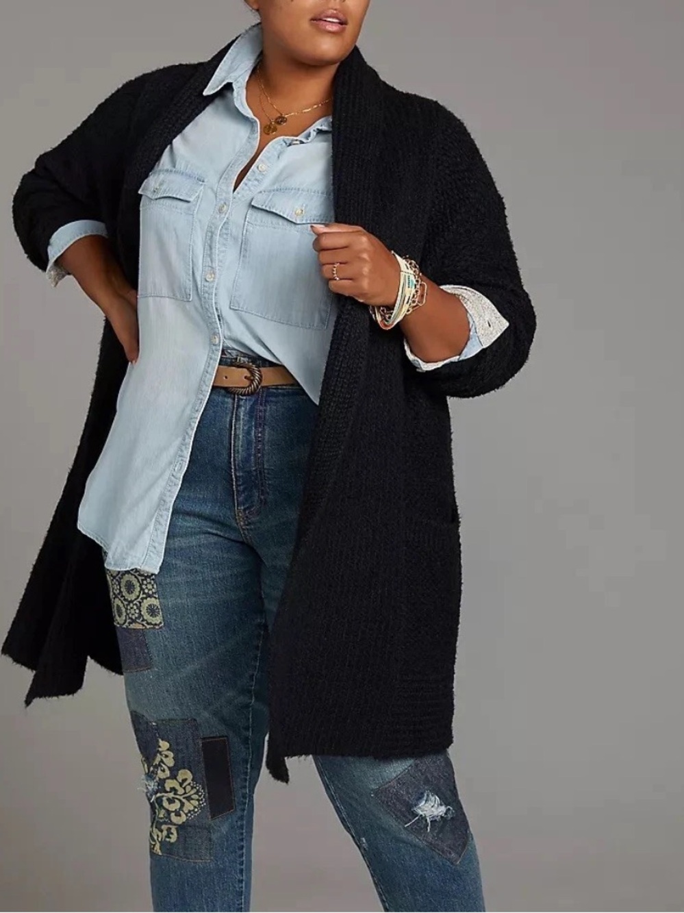 Anthropologie Pilcro Eyelash Cardigan S Small Black Open Front Duster Longline
